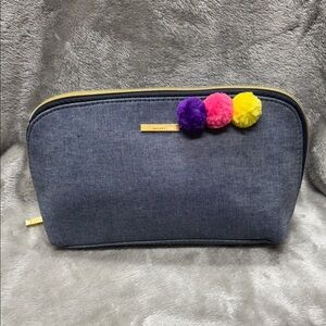 Kestrel  Denim Cosmetic Bag with Colorful Pom Poms